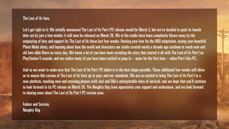 The Last Of Us Part I's PC Launch Pushed To Late March